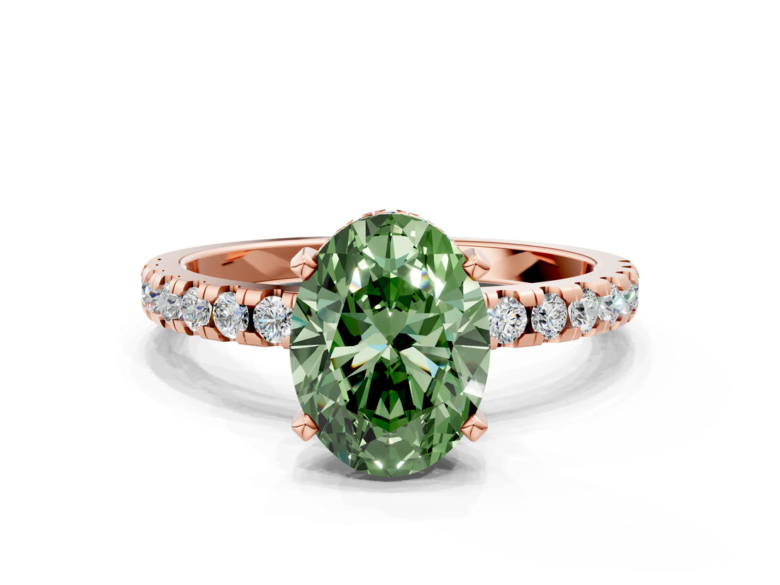 Rose gold Fancy Green Oval Cut Diamond Solitaire Ring with Pavé Band and Four-Prong Setting_61