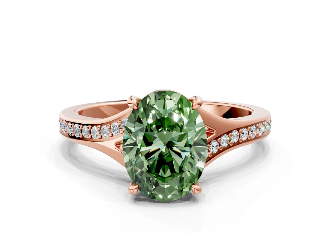 Rose gold Fancy Green Oval Cut Diamond Solitaire Ring with Pavé Band and Prong Setting_12