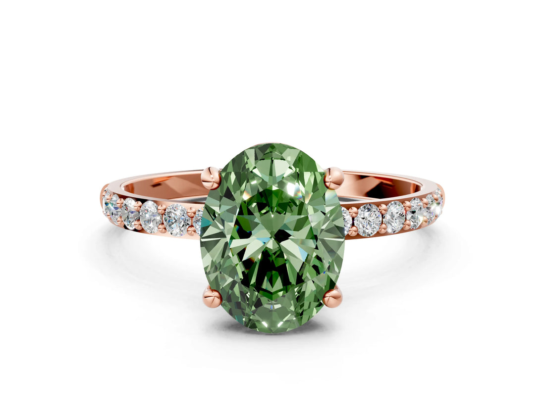 Rose gold Fancy Green Oval Cut Diamond Solitaire Ring with Pave Band and Four Prong Setting_107