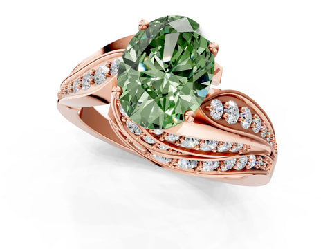 Rose gold Fancy Green Oval Cut Diamond Solitaire Ring with Prong Setting and Twisted Pavé Band_1