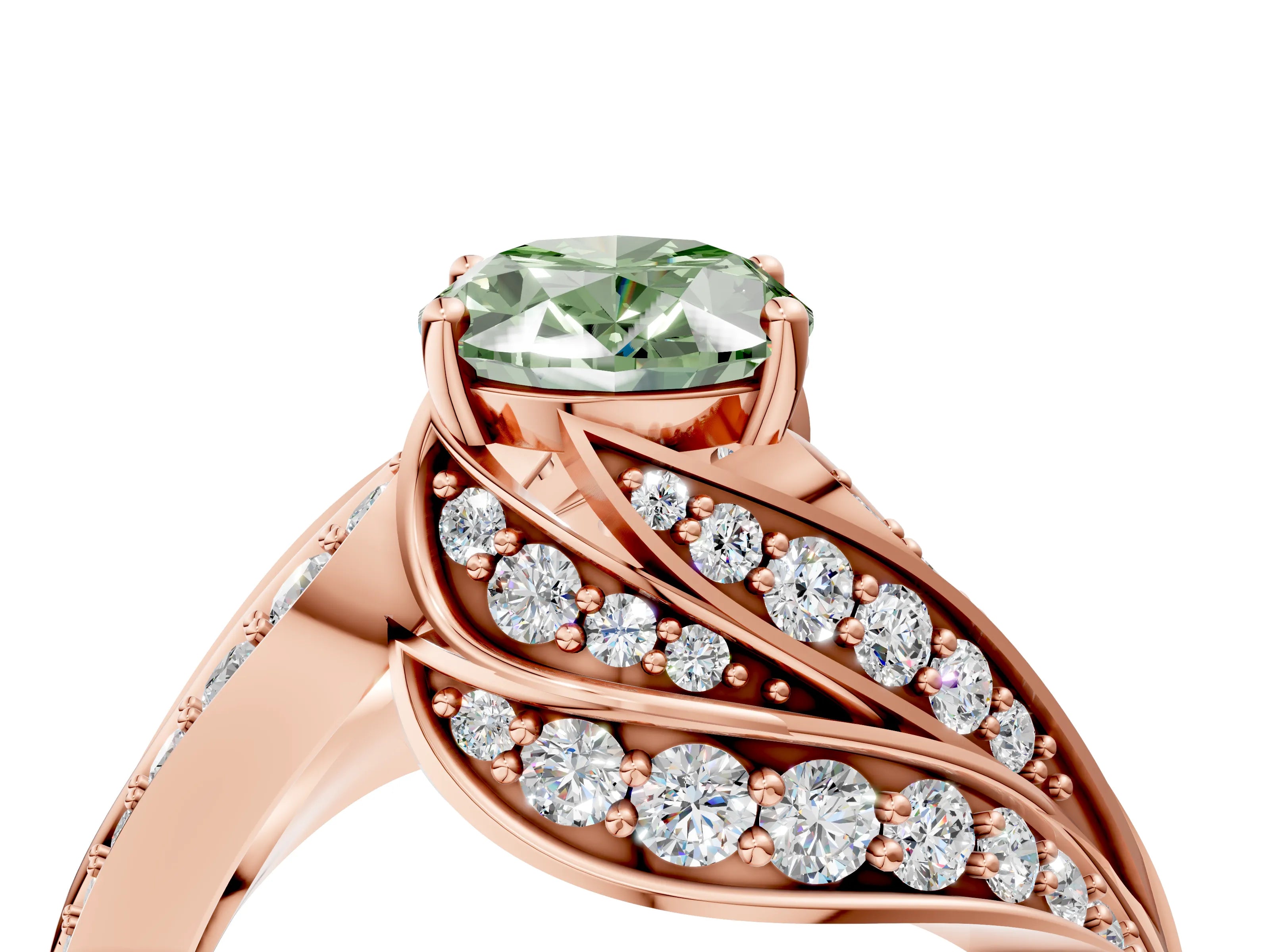 Rose gold Fancy Green Oval Cut Diamond Solitaire Ring with Prong Setting and Twisted Pavé Band_4
