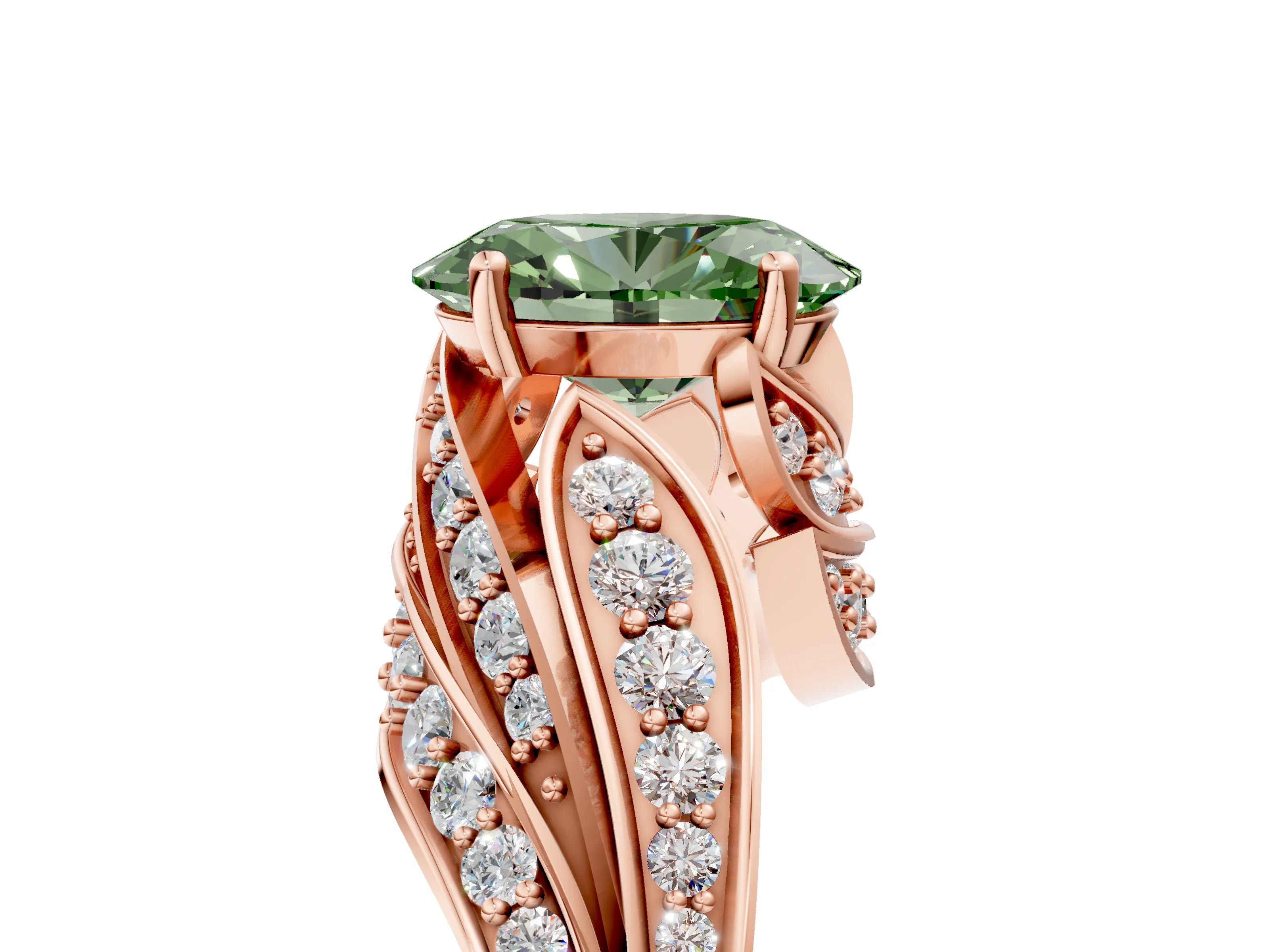 Rose gold Fancy Green Oval Cut Diamond Solitaire Ring with Prong Setting and Twisted Pavé Band_5
