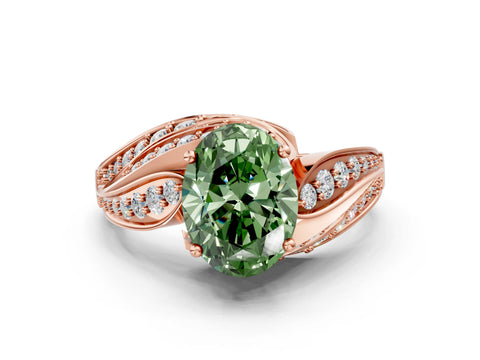 Rose gold Fancy Green Oval Cut Diamond Solitaire Ring with Prong Setting and Twisted Pavé Band