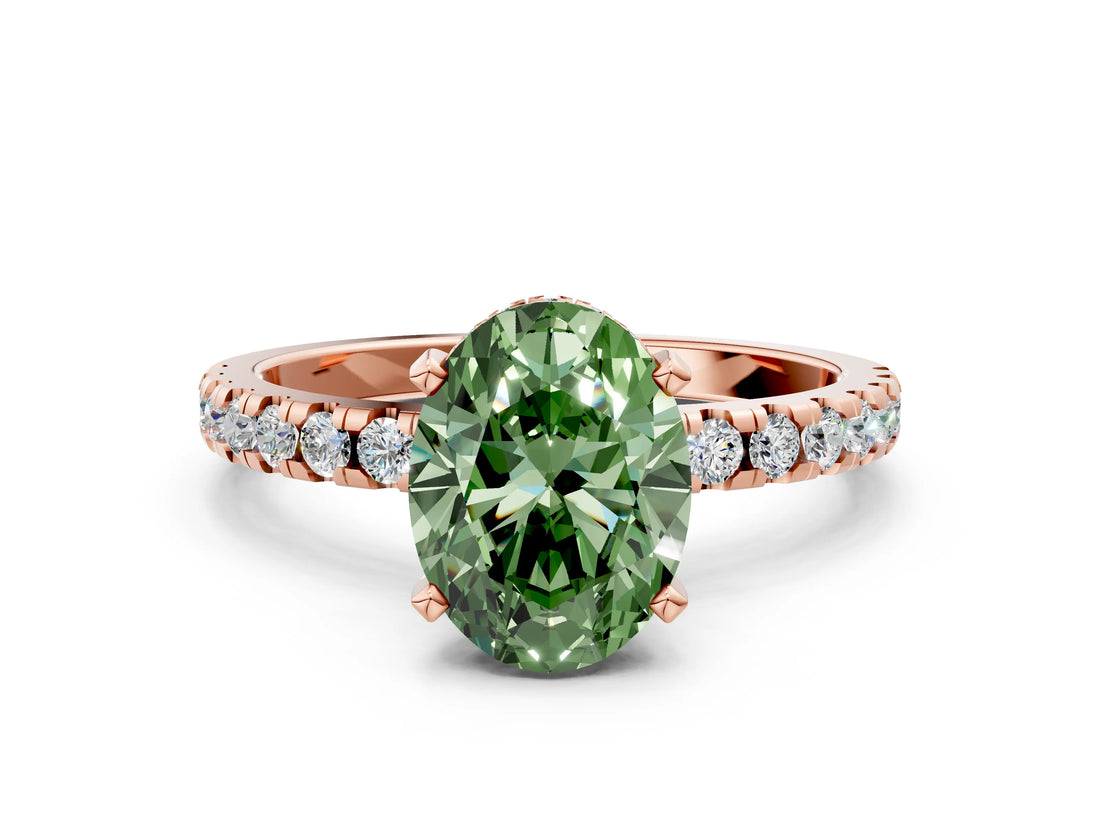 Rose gold Fancy Green Oval Cut Diamond Solitaire Ring with Round  Pavé Band and Four-Prong Setting_36