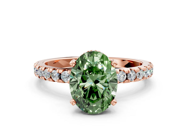 Rose Gold Oval Hidden Halo Solitaire Engagement Ring Setting for Fancy Green Center with Single Row Pave Band