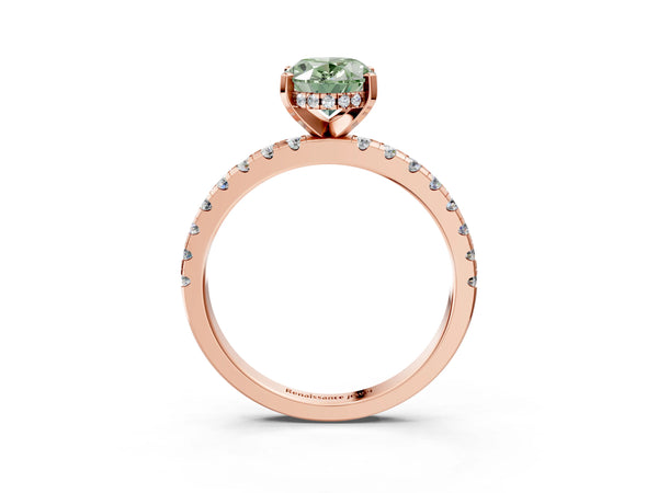 Rose Gold Oval Hidden Halo Solitaire Engagement Ring Setting for Fancy Green Center with Single Row Pave Band
