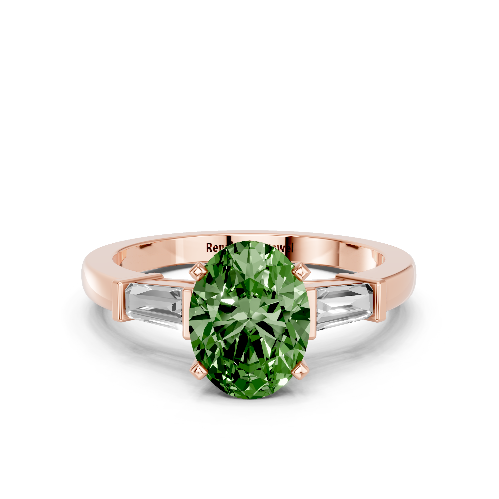 Rose gold Fancy Green Oval  Cut Diamond Solitaire Ring with Tapered Baguette Accents and Four-Prong Setting_11