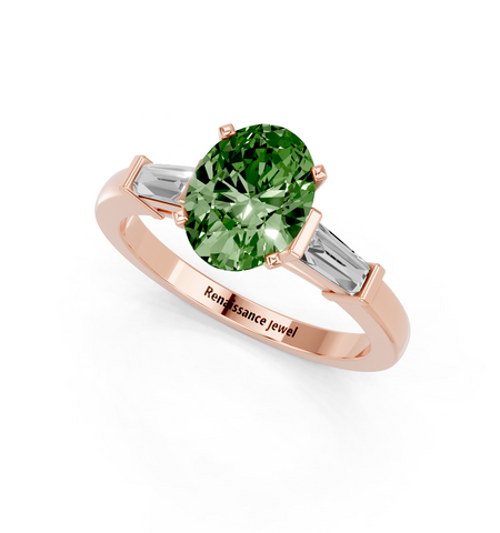 Rose gold Fancy Green Oval  Cut Diamond Solitaire Ring with Tapered Baguette Accents and Four-Prong Setting_3