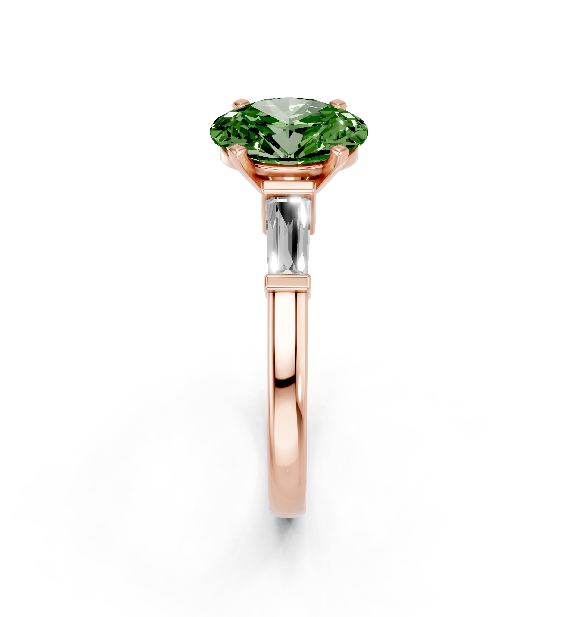 Rose gold Fancy Green Oval  Cut Diamond Solitaire Ring with Tapered Baguette Accents and Four-Prong Setting_4