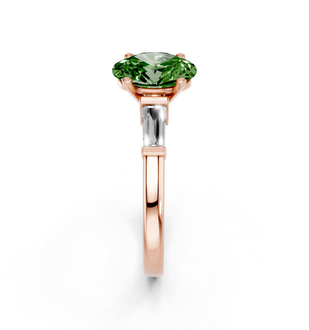 Rose gold Fancy Green Oval  Cut Diamond Solitaire Ring with Tapered Baguette Accents and Four-Prong Setting_4