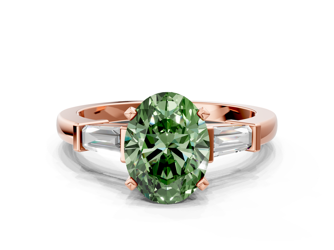 Rose gold Fancy Green Oval  Cut Diamond Solitaire Ring with Tapered Baguette Accents and Four-Prong Setting_76