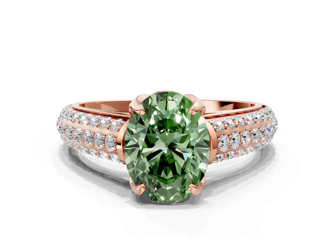Rose gold Fancy Green Oval Cut Diamond Solitaire Ring with Three-Row Pavé Band and Four-Prong Setting_36