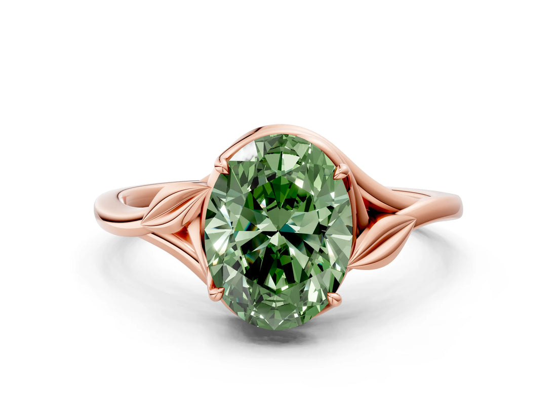 Rose gold Fancy Green Oval Cut Diamond Solitaire Ring with Twist Band and Four-Prong Setting_56