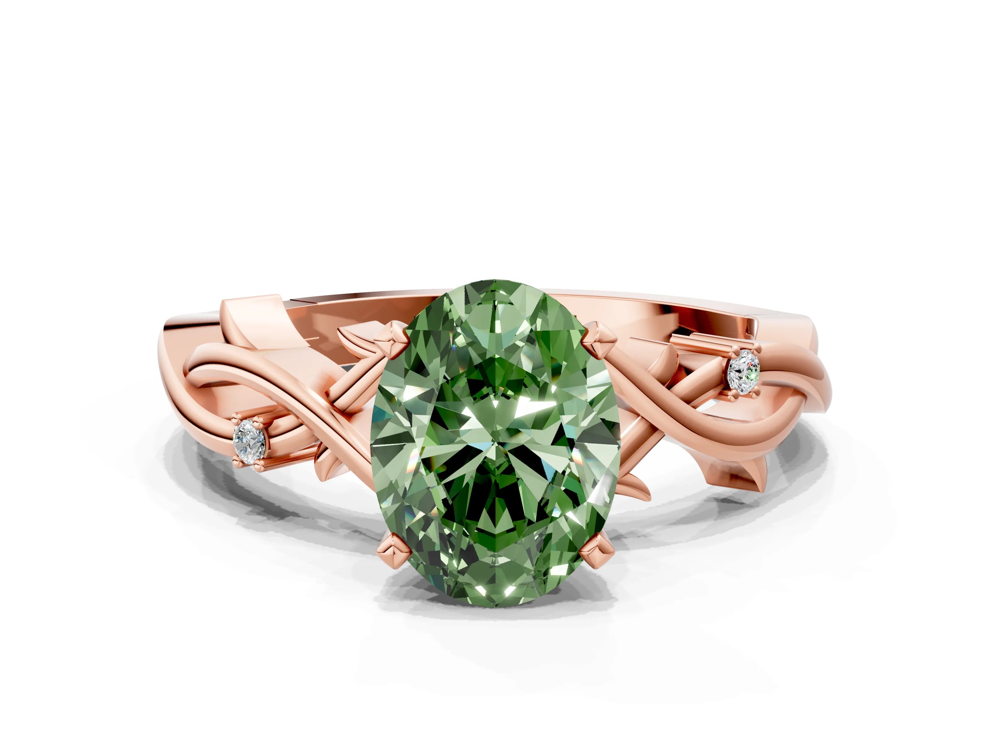 Rose gold Fancy Green Oval Cut Diamond Solitaire Ring with Twisted Band and Prong Setting_251