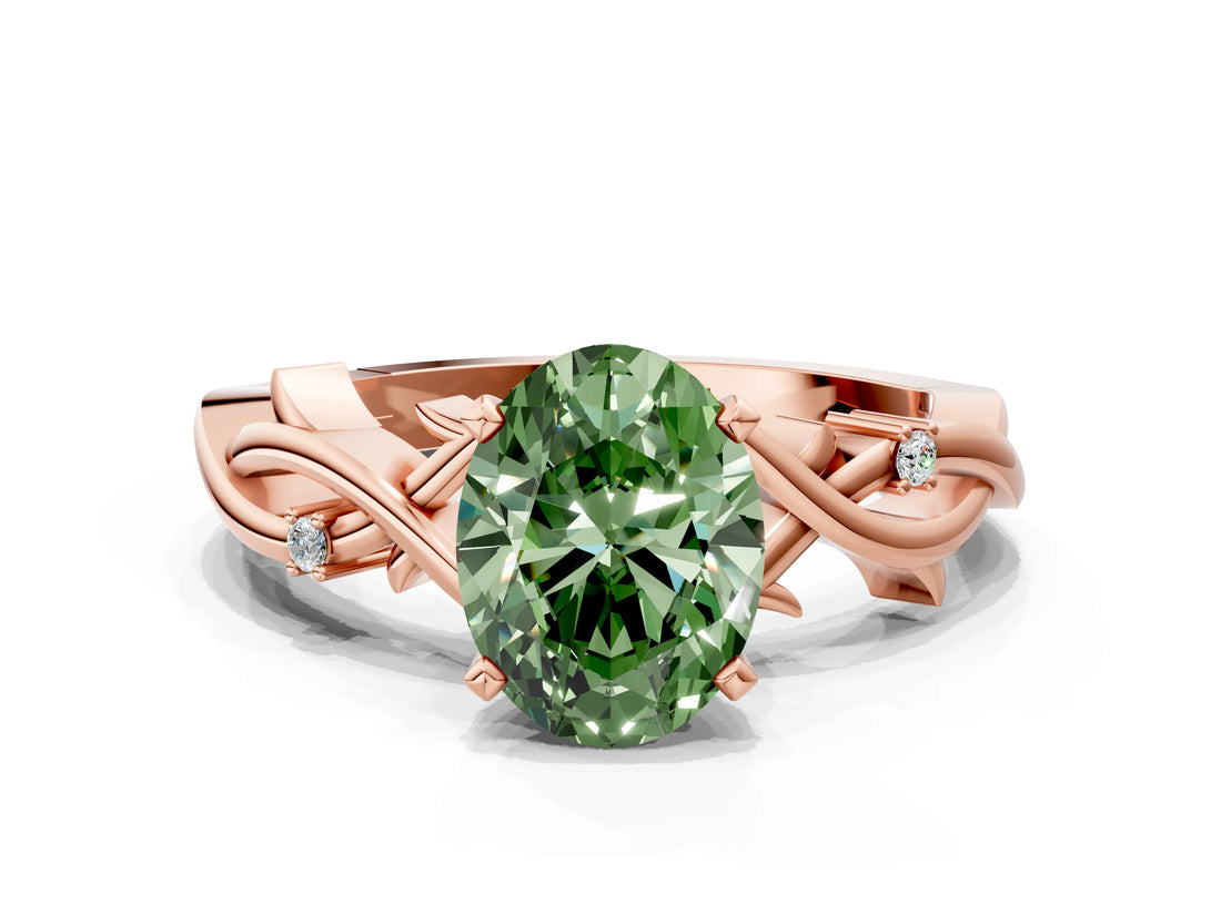 Rose gold Fancy Green Oval Cut Diamond Solitaire Ring with Twisted Band and Prong Setting_251