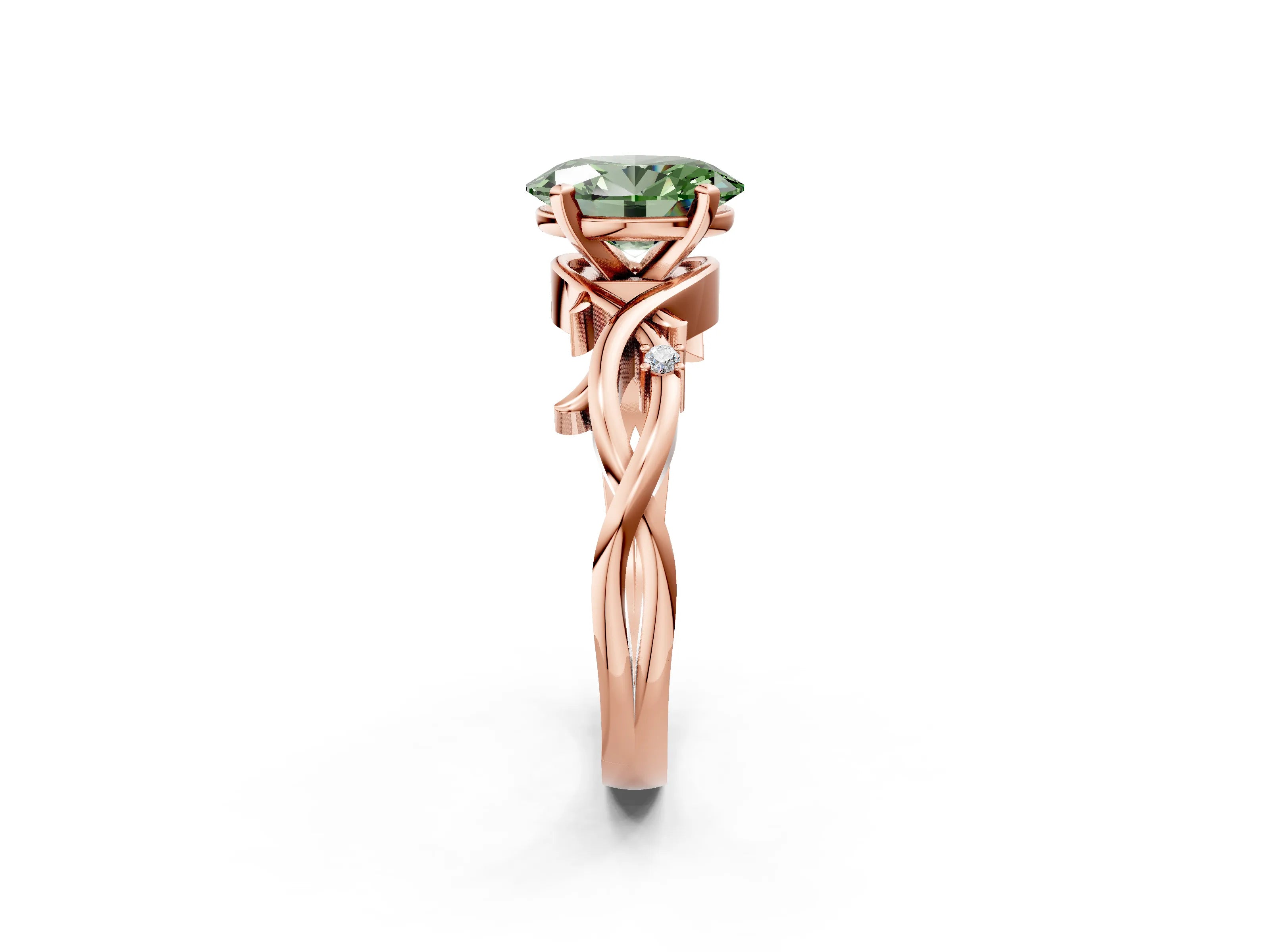 Rose gold Fancy Green Oval Cut Diamond Solitaire Ring with Twisted Band and Prong Setting_253