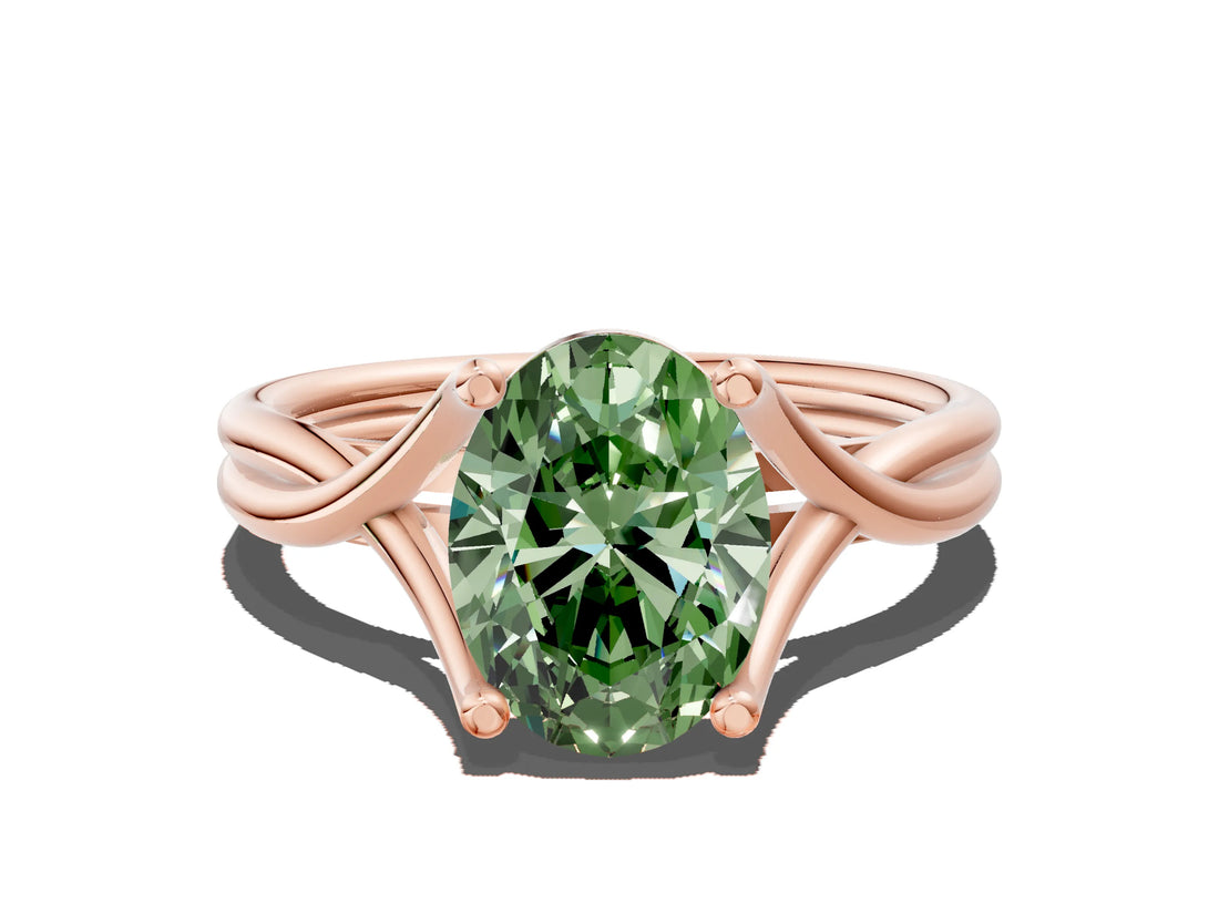 Rose gold Fancy Green Oval Cut Diamond Solitaire Twist Band Prong Setting Ring_79