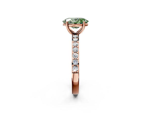 Rose gold Fancy Green Oval  Cut Diamond Solitaire with Pave Band and Four-Prong Setting