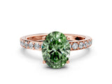 Rose gold Fancy Green Oval  Cut Diamond Solitaire with Pave Band and Four-Prong Setting