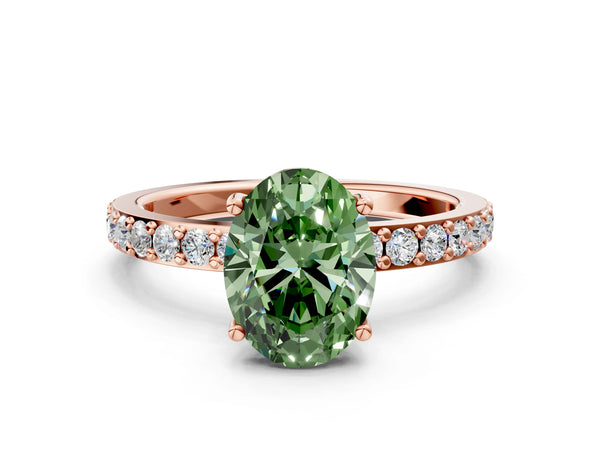 Rose gold Fancy Green Oval  Cut Diamond Solitaire with Pave Band and Four-Prong Setting