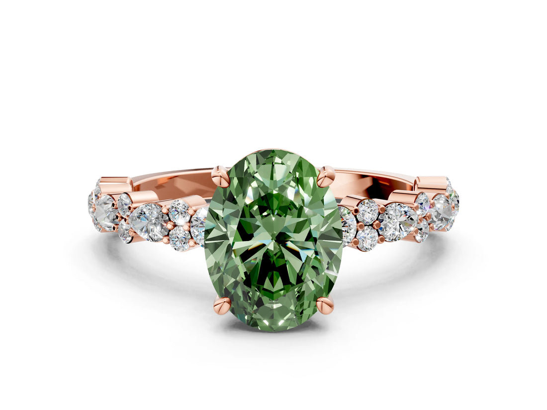 Rose gold Fancy Green Oval Cut Diamond Solitaire with Side Stones, Pave Band, Four-Prong Setting_102