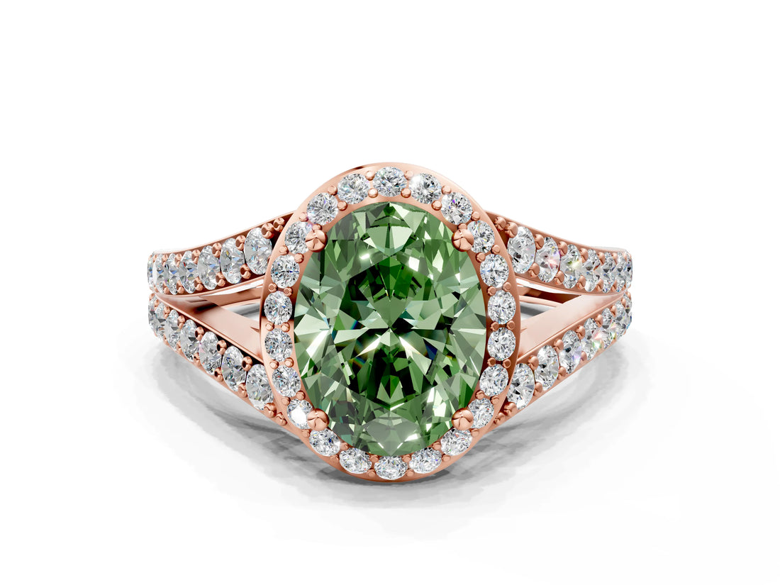 Rose gold Fancy Green Oval Cut Diamond Split Shank Halo Ring with Four-Prong Setting_59