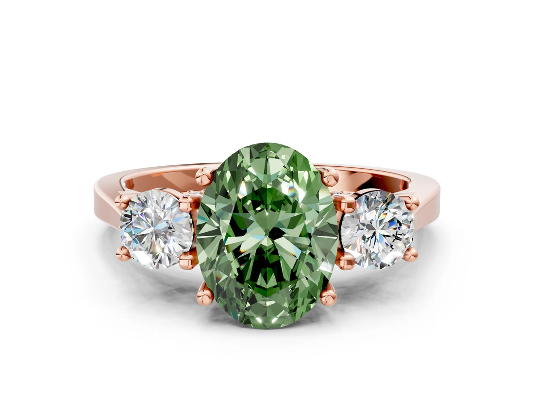 Rose gold Fancy Green Oval Cut Diamond Three-Stone Engagement Ring with Prong Setting and Pavé Band