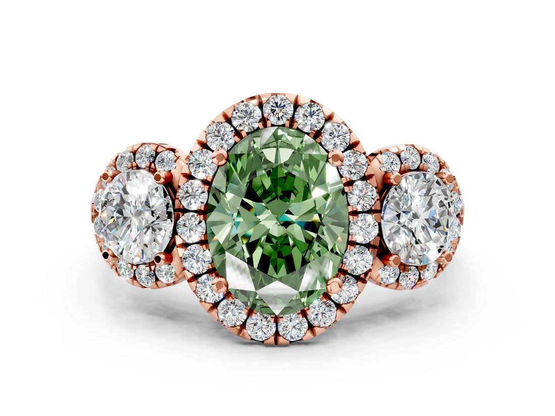 Rose gold Fancy Green Oval Cut Diamond Three-Stone Halo Ring with Prong Setting and Pavé Accents