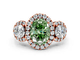 Rose gold Fancy Green Oval Cut Diamond Three-Stone Halo Ring with Prong Setting and Pavé Accents