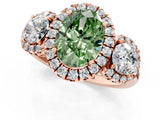Rose gold Fancy Green Oval Cut Diamond Three-Stone Halo Ring with Prong Setting and Pavé Accents_1