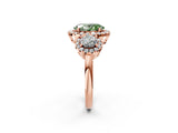 Rose gold Fancy Green Oval Cut Diamond Three-Stone Halo Ring with Prong Setting and Pavé Accents_2