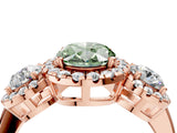 Rose gold Fancy Green Oval Cut Diamond Three-Stone Halo Ring with Prong Setting and Pavé Accents_4