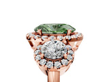 Rose gold Fancy Green Oval Cut Diamond Three-Stone Halo Ring with Prong Setting and Pavé Accents_5