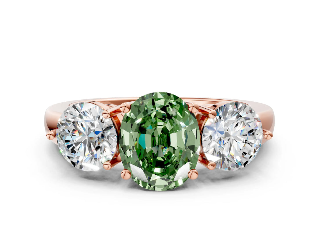 Rose gold Fancy Green Oval Cut Diamond Three-Stone Ring with Prong Setting and Classic Band_111