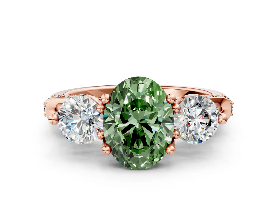 Rose gold Fancy Green Oval Cut Diamond Three-Stone Ring with Prong Setting and Pavé Band