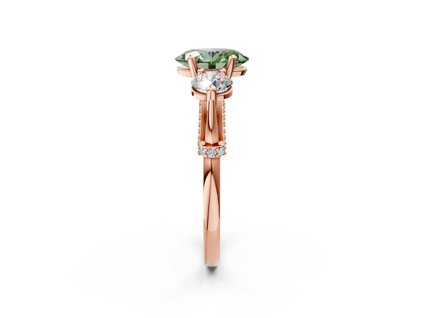 Rose Gold Oval Curved Pave Three Stone Engagement Ring Setting for Fancy Green Center