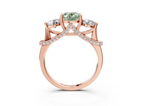 Rose Gold Oval Curved Pave Three Stone Engagement Ring Setting for Fancy Green Center