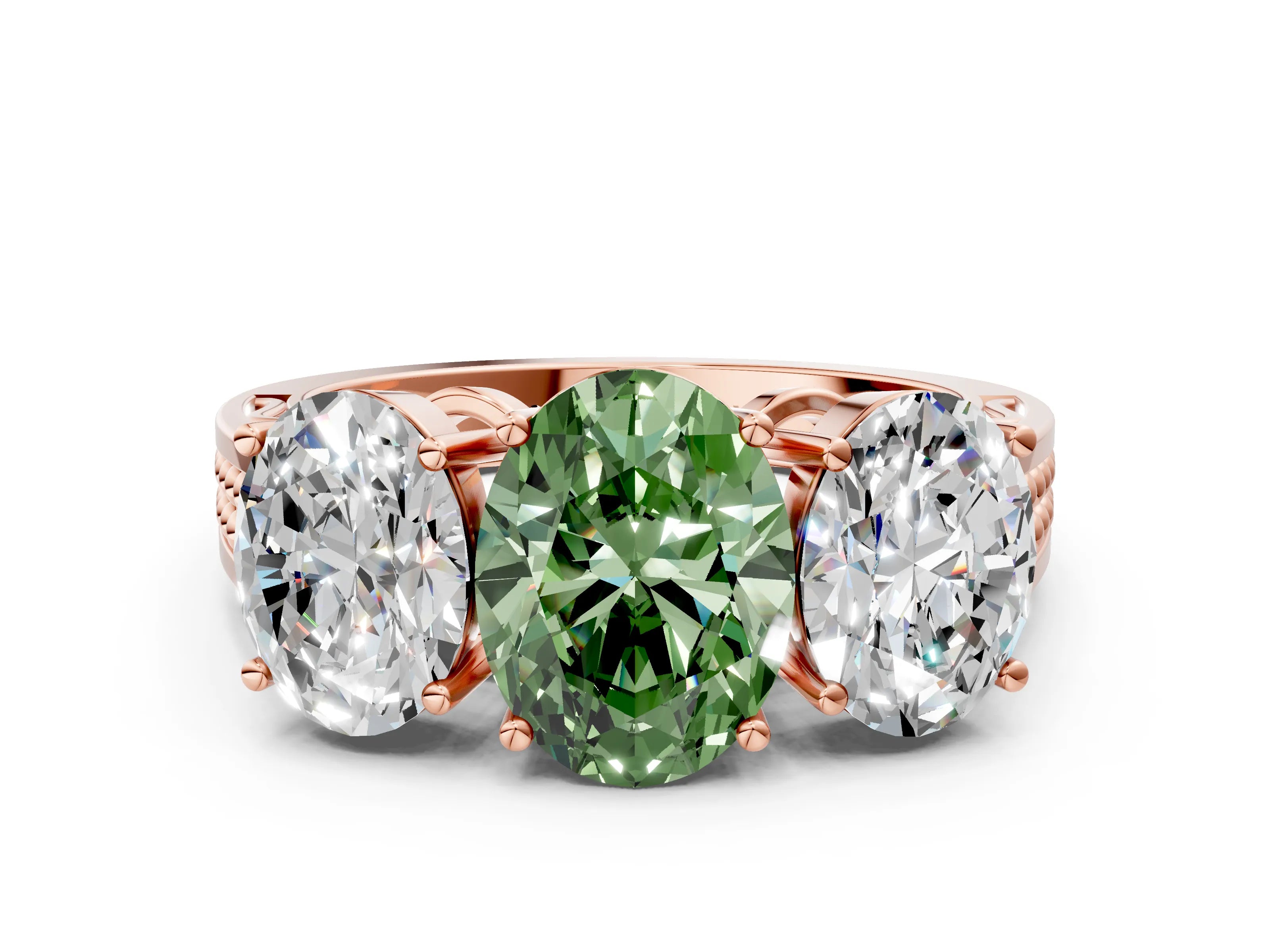 Rose gold Fancy Green Oval Cut Diamond Three-Stone Ring with Prong Setting and Textured Band_12