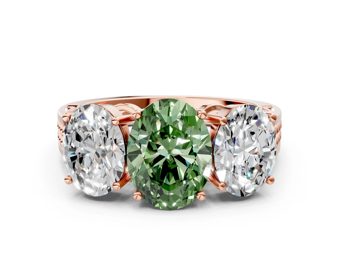 Rose gold Fancy Green Oval Cut Diamond Three-Stone Ring with Prong Setting and Textured Band_12