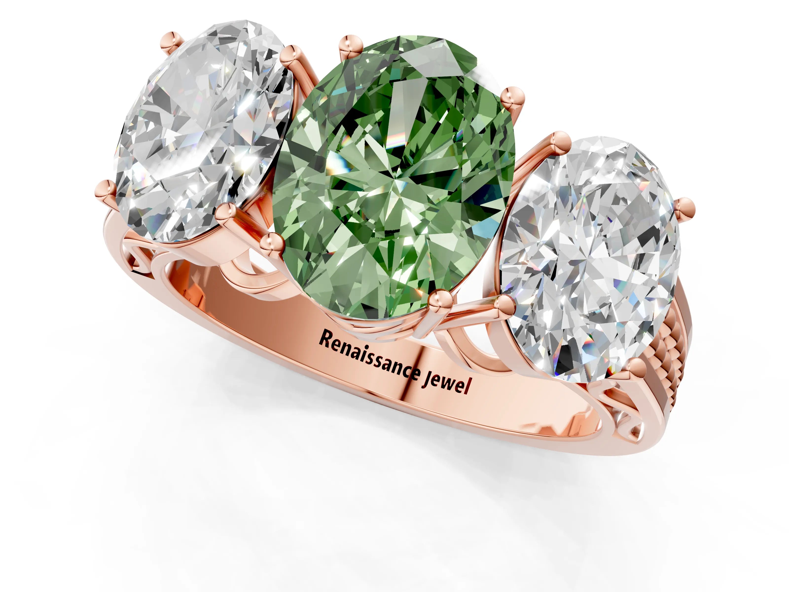 Rose gold Fancy Green Oval Cut Diamond Three-Stone Ring with Prong Setting and Textured Band_13