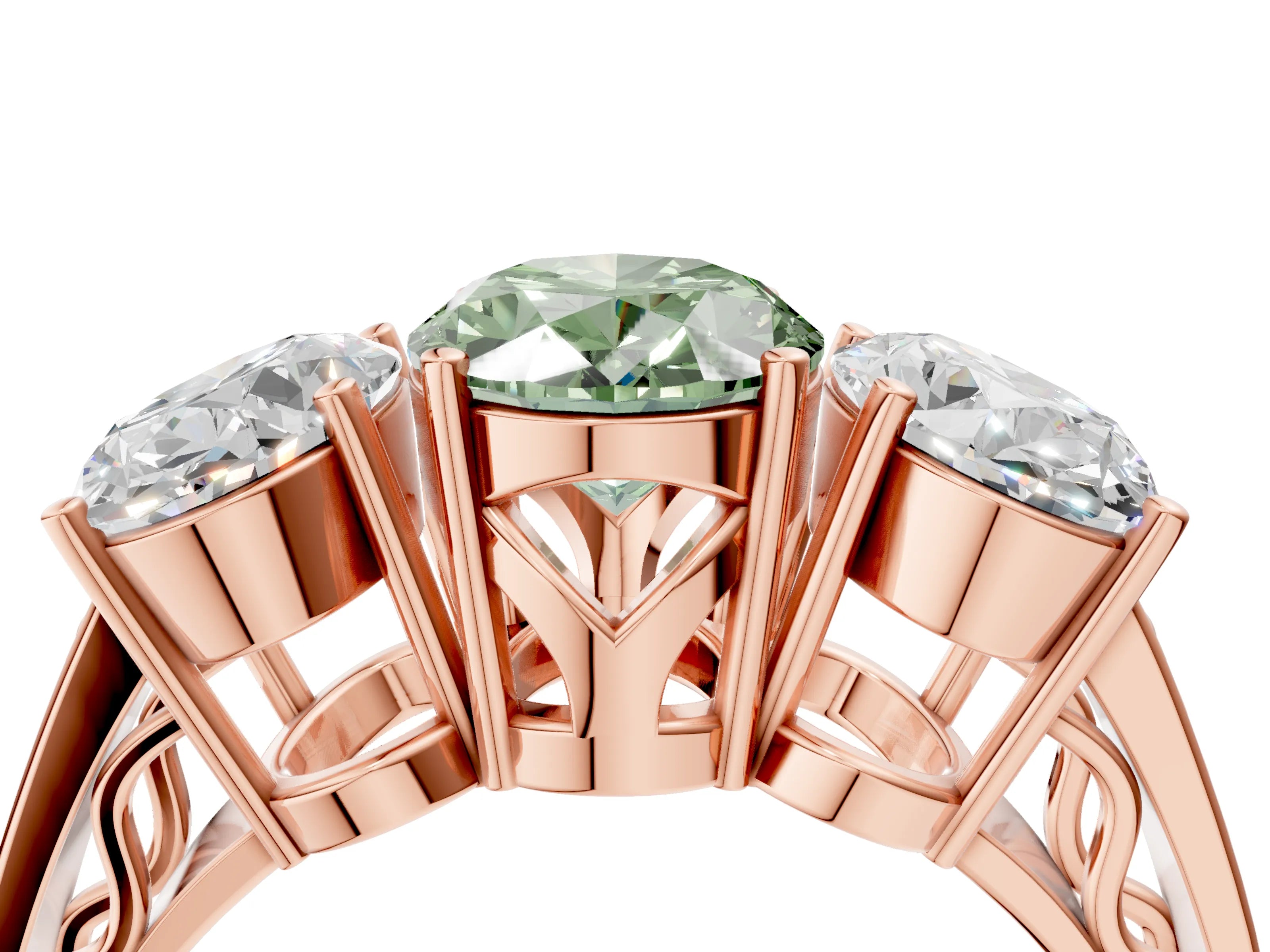 Rose gold Fancy Green Oval Cut Diamond Three-Stone Ring with Prong Setting and Textured Band_16