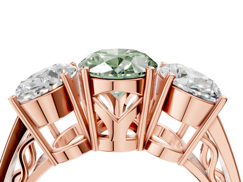 Rose gold Fancy Green Oval Cut Diamond Three-Stone Ring with Prong Setting and Textured Band_16