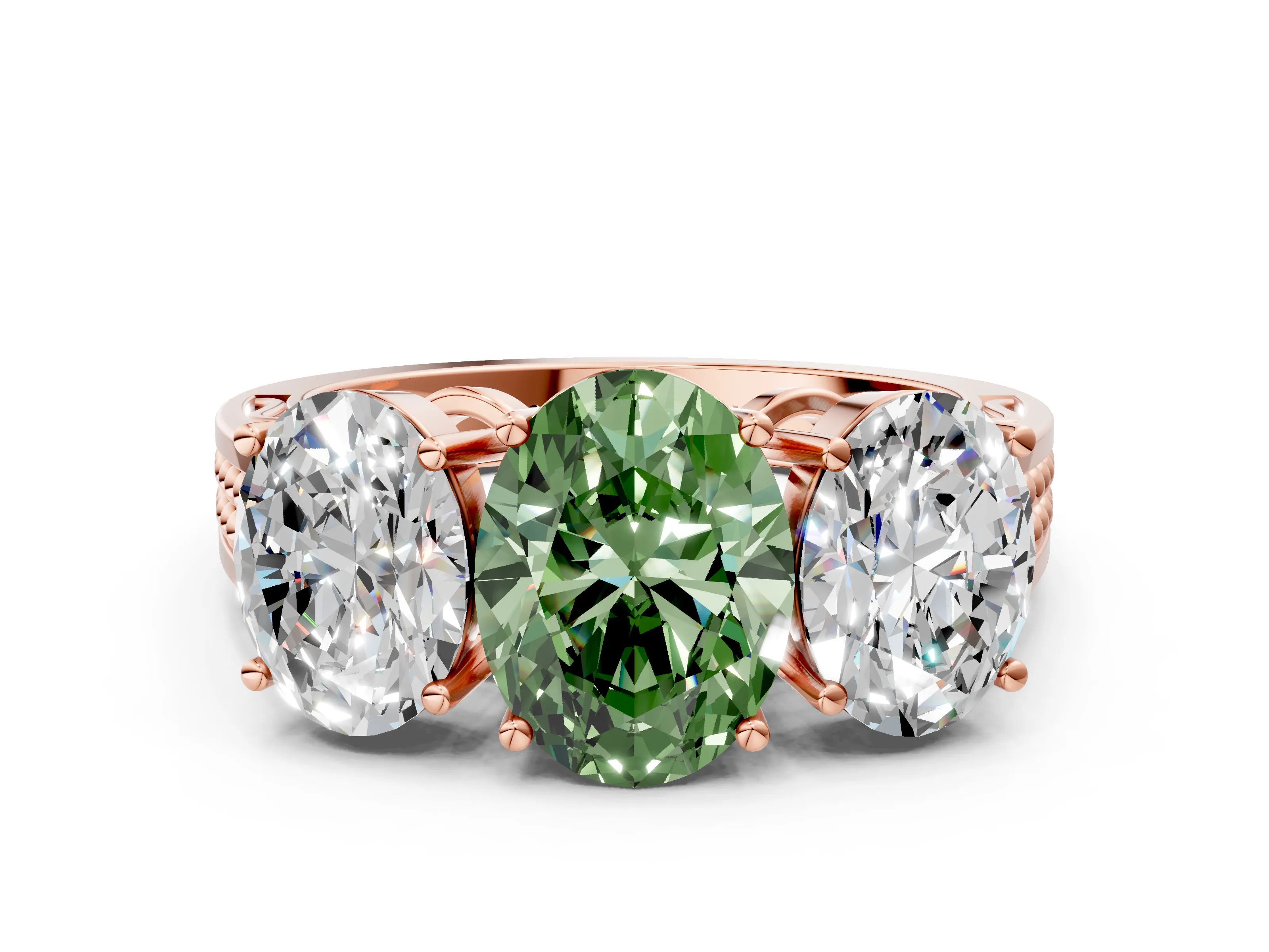 Rose gold Fancy Green Oval Cut Diamond Three-Stone Ring with Prong Setting and Textured Band_24