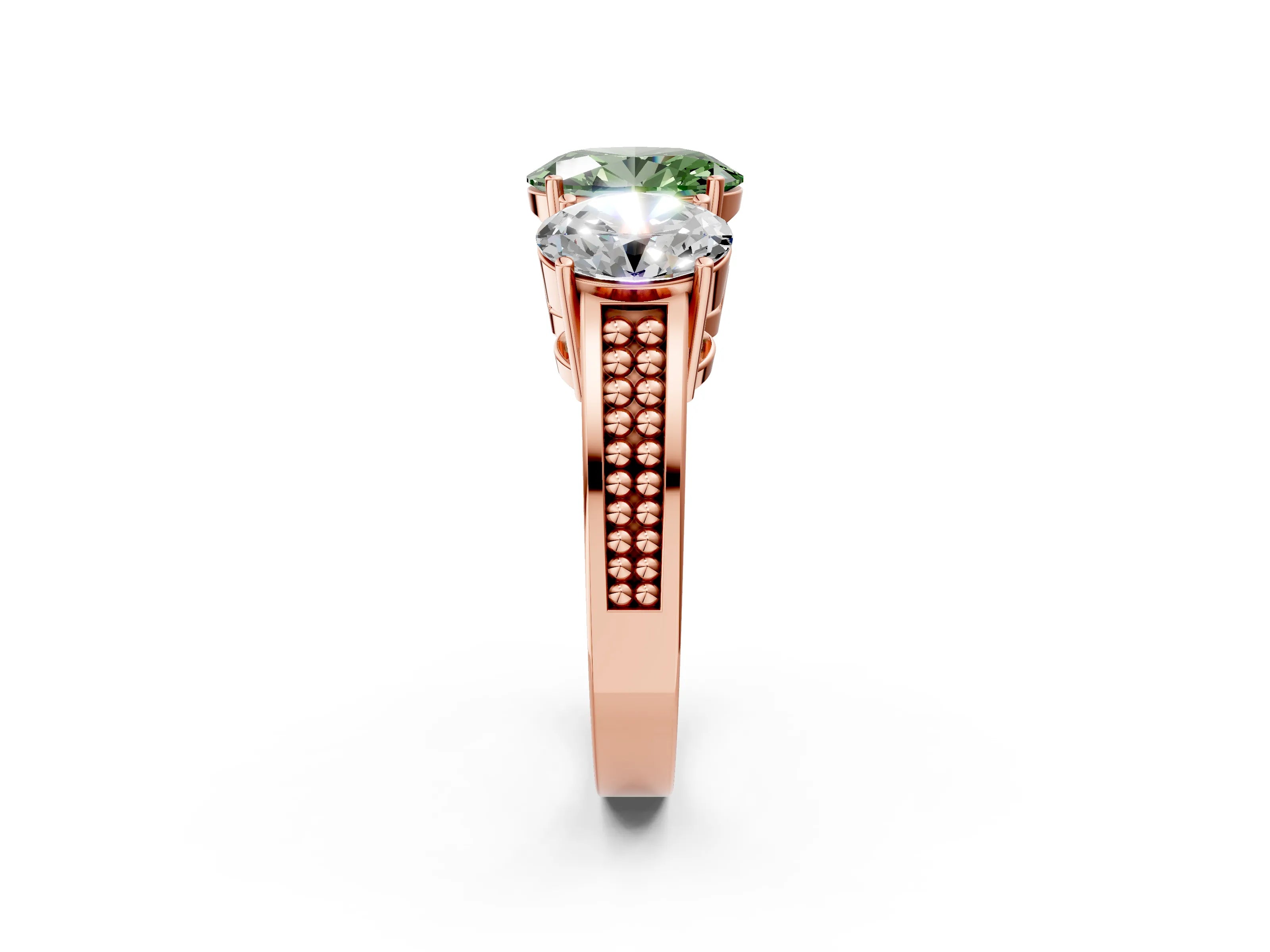 Rose gold Fancy Green Oval Cut Diamond Three-Stone Ring with Prong Setting and Textured Band_26