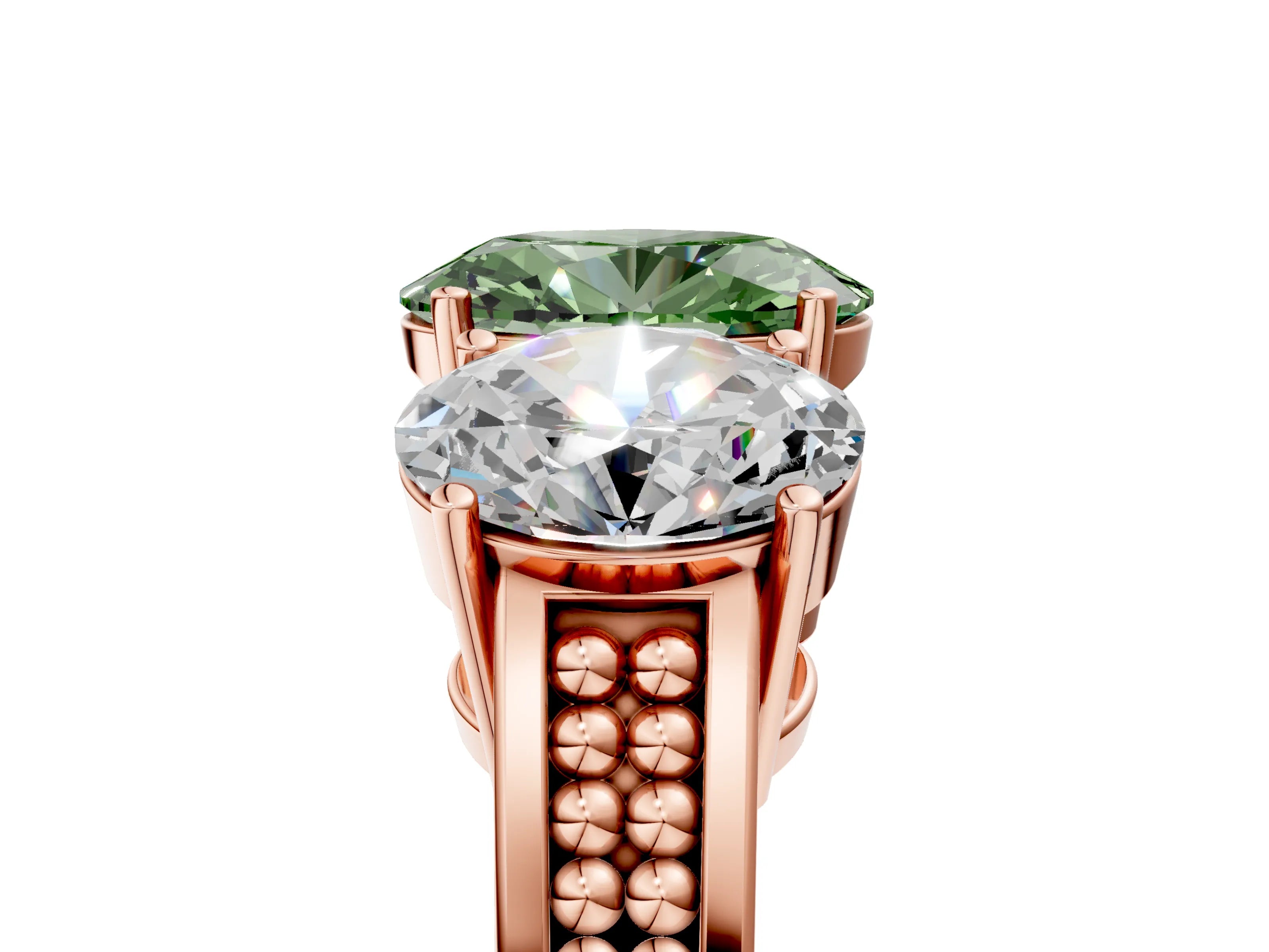 Rose gold Fancy Green Oval Cut Diamond Three-Stone Ring with Prong Setting and Textured Band_29