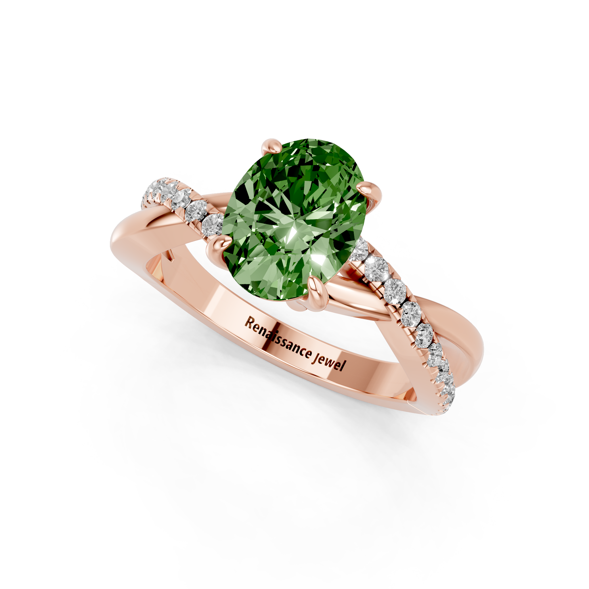 Rose gold Fancy Green Oval  Cut Diamond Twist Band Solitaire with Prong Setting_11