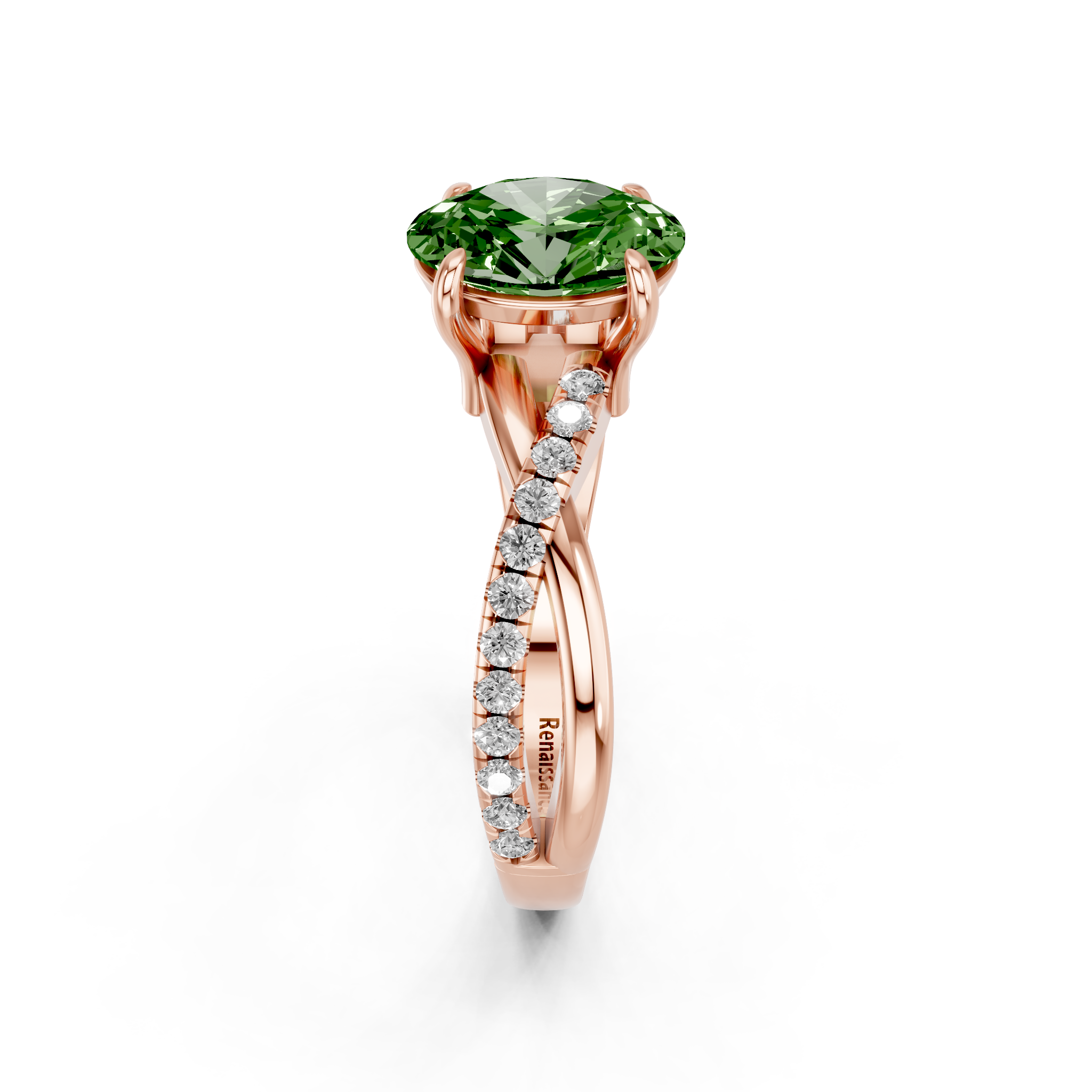 Rose gold Fancy Green Oval  Cut Diamond Twist Band Solitaire with Prong Setting_12