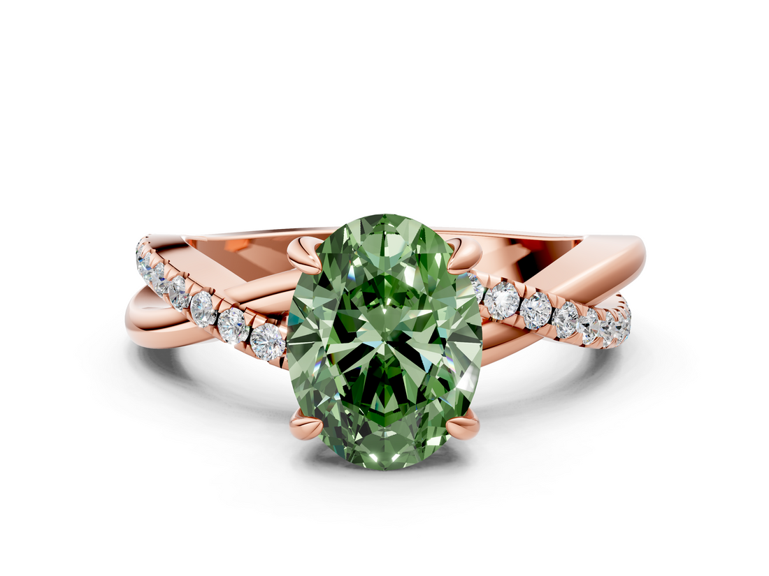 Rose gold Fancy Green Oval  Cut Diamond Twist Band Solitaire with Prong Setting_44