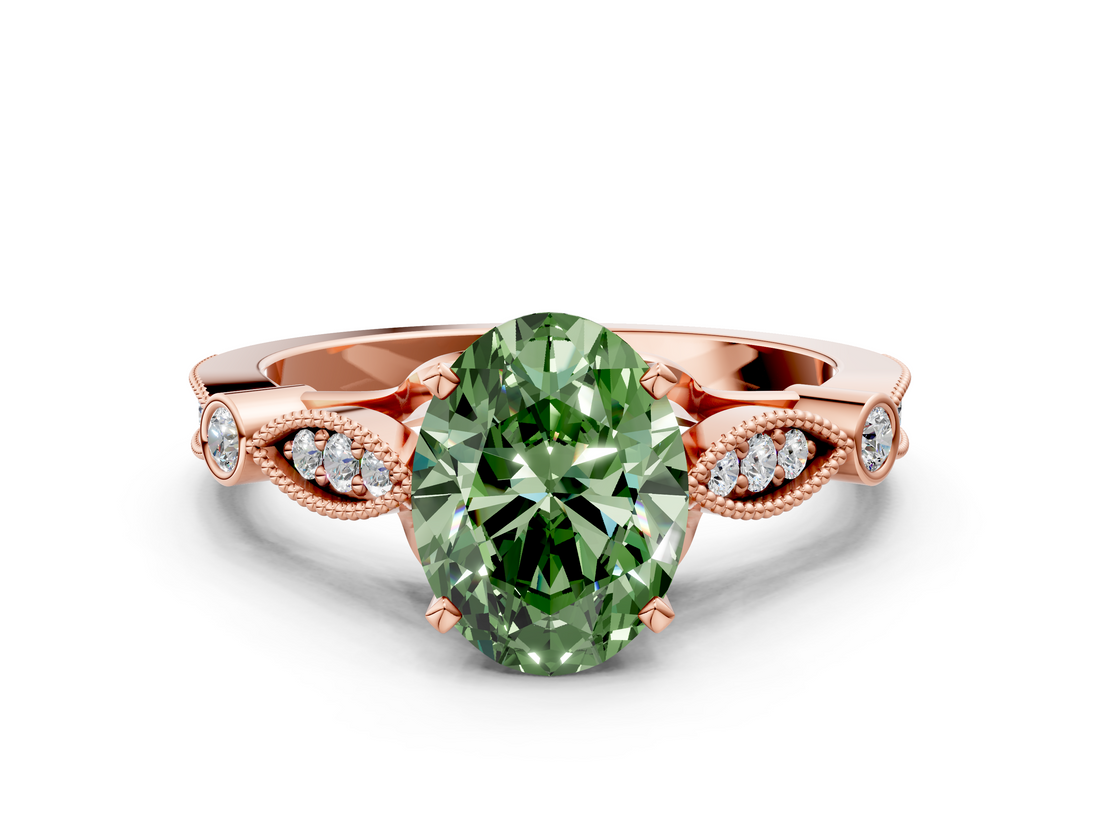 Rose gold Fancy Green Oval  Cut Diamond with Milgrain Marquise and Bezel Accents on a Solitaire Band with Prong Setting_209