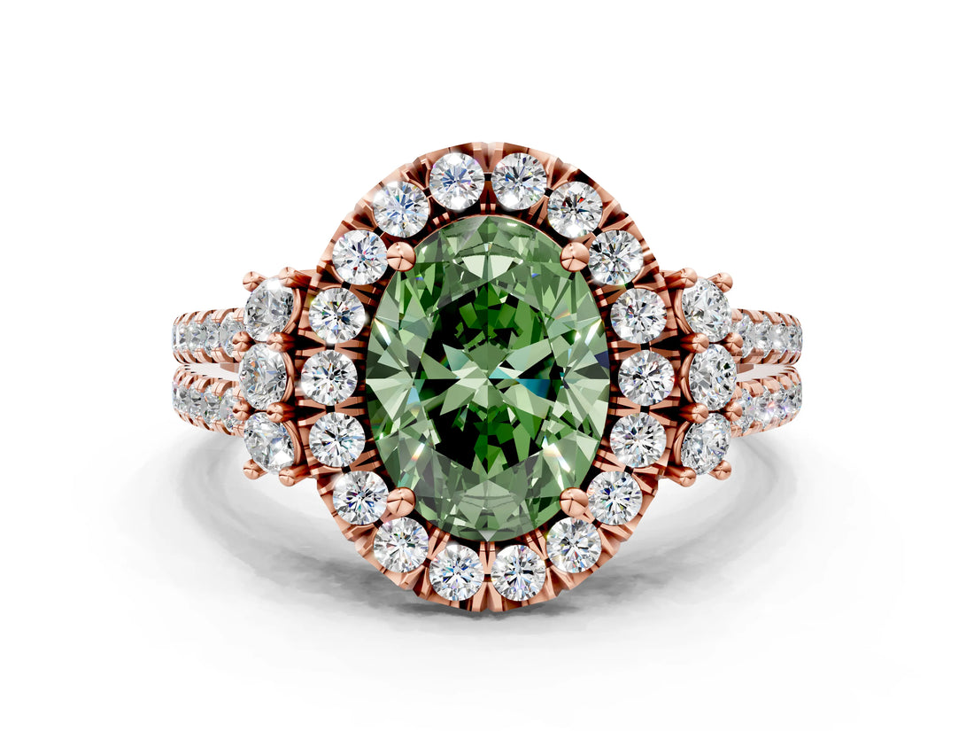 Rose gold Fancy Green Oval  Cut Double Halo Diamond Engagement Ring with Pave Band and Four-Prong Setting_26
